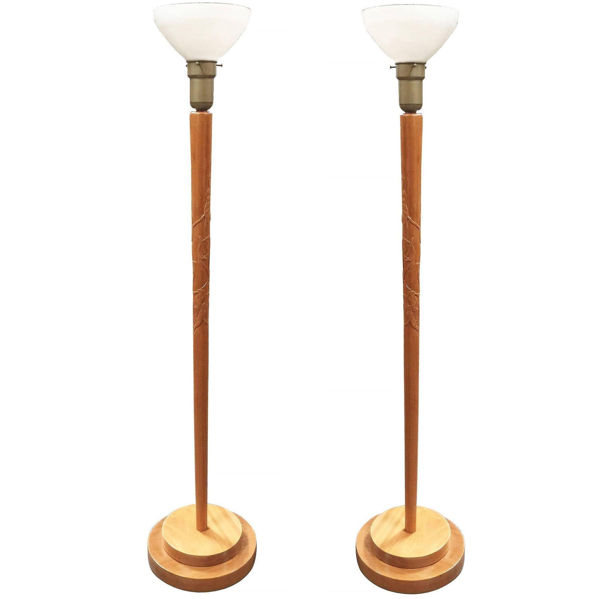 Mid-20th Century Russel Wright Style Hand-Carved Torchiere Floor Lamp, Pair For Sale