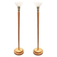Retro Russel Wright Style Hand-Carved Torchiere Floor Lamp, Pair