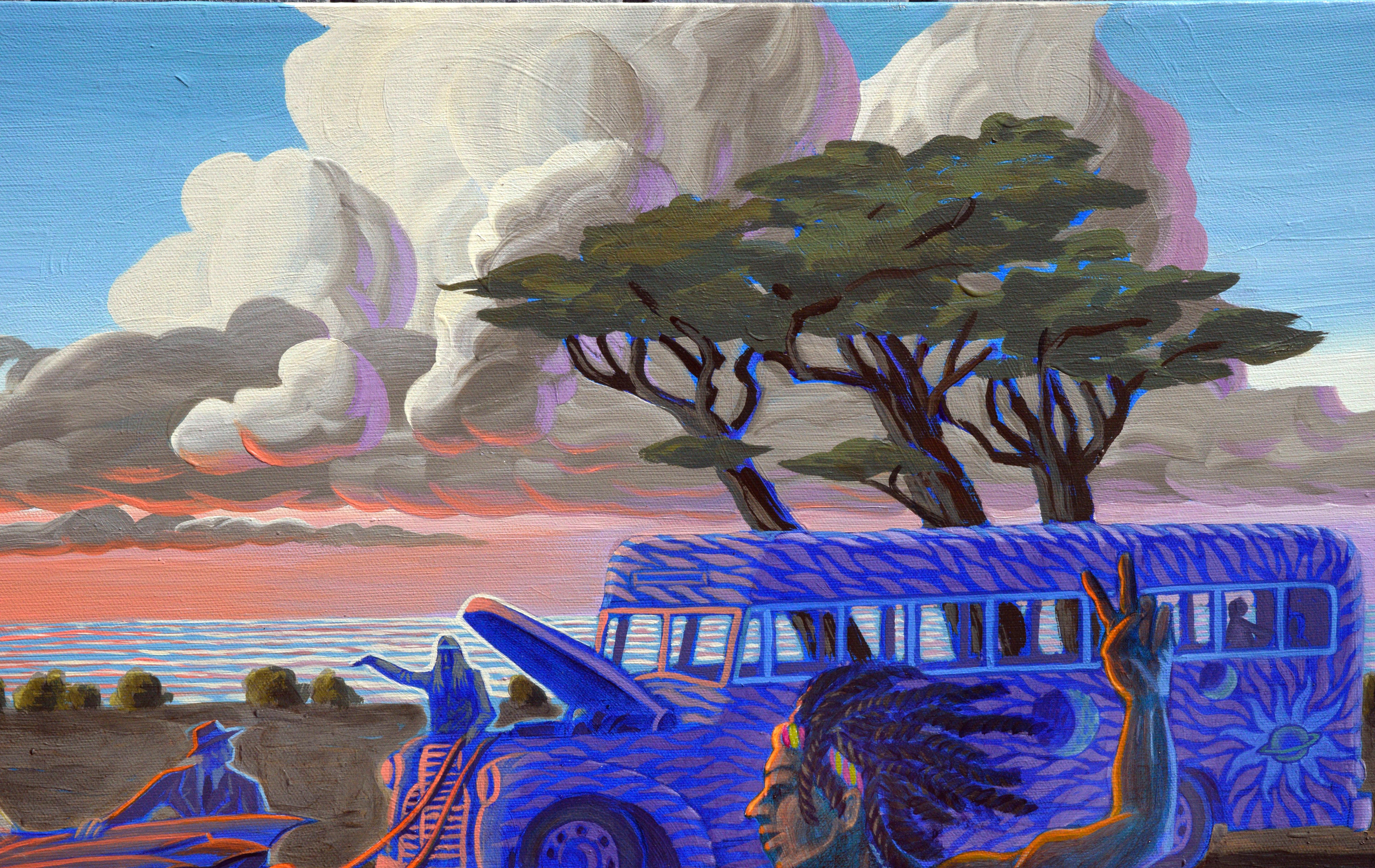 Saltadores y el Autobús Mágico - Paisaje Figurativo Contemporáneo de California - Painting de Russell Brutsche