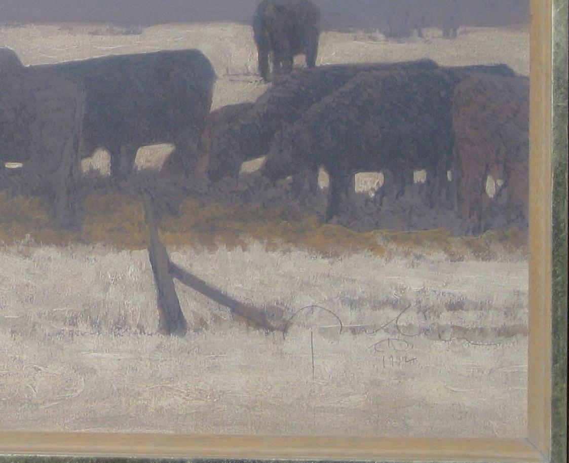 Oil on panel by famous California/Montana painter, Russell Chatham (b. 1939).
Features Cattle in the Fog. Framed and in excellent condition.
Measures 25 1/4