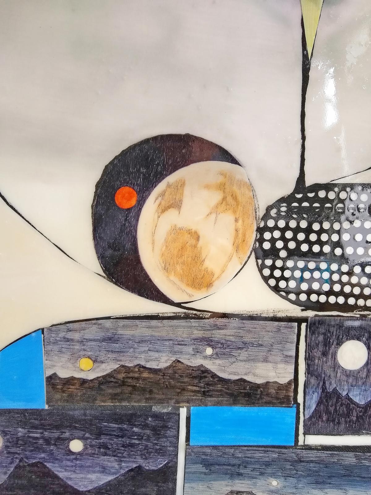 Russell Crotty’s work is equally object and drawing. Meticulous depictions of rockets, celestial bodies, smoke stacks and planetary landscapes are collaged to build the structure of the rovers, which are then embedded in bio-resin—a technique