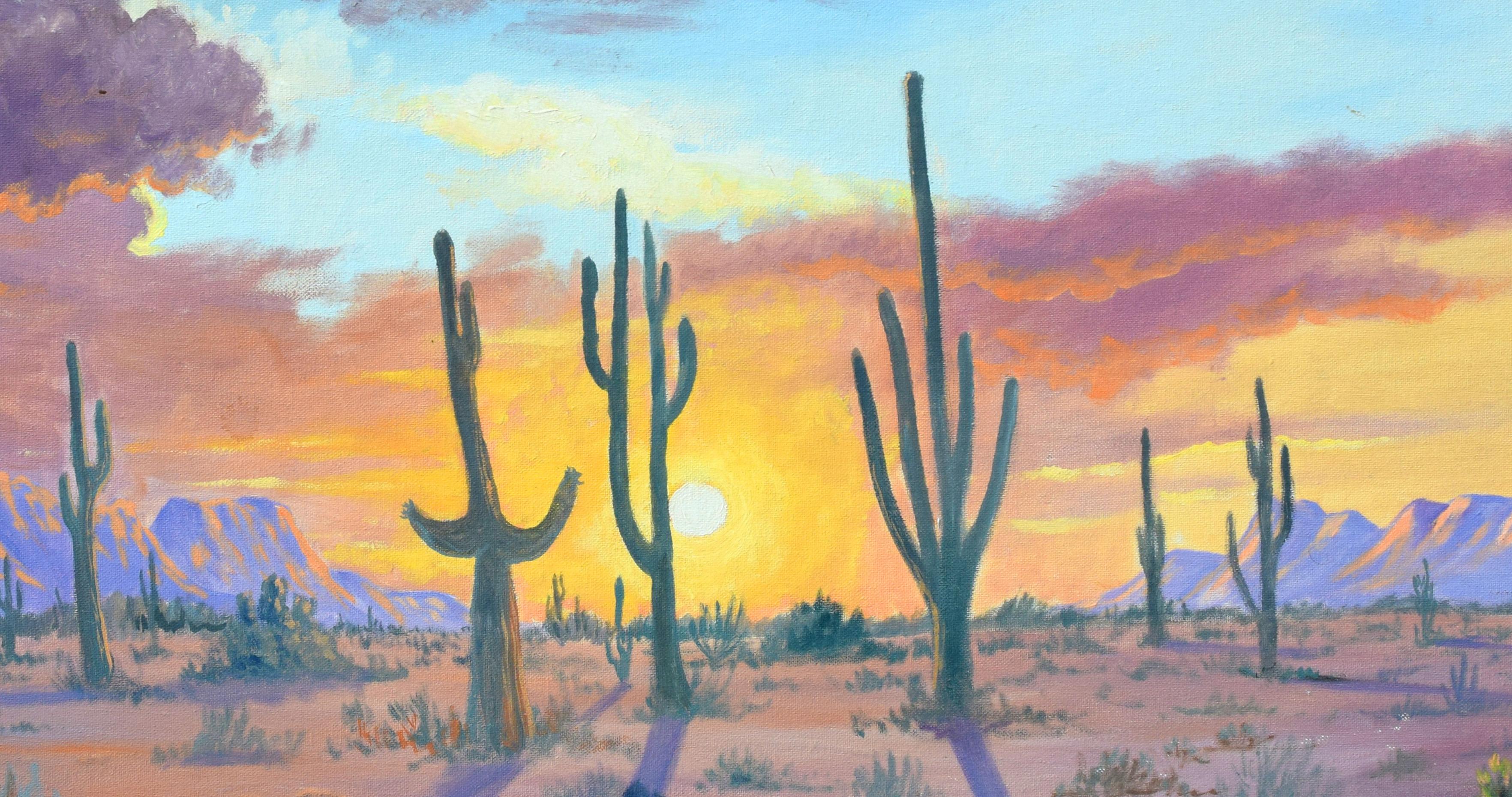 Mid Century Desert Cactus Sunset Landscape by Russell Dale Moffett 

Experience the splendor of the desert at sunset in this stunning mid century landscape by Russell Dale Moffett (American, 1899-1984). This striking 1959 landscape features tall