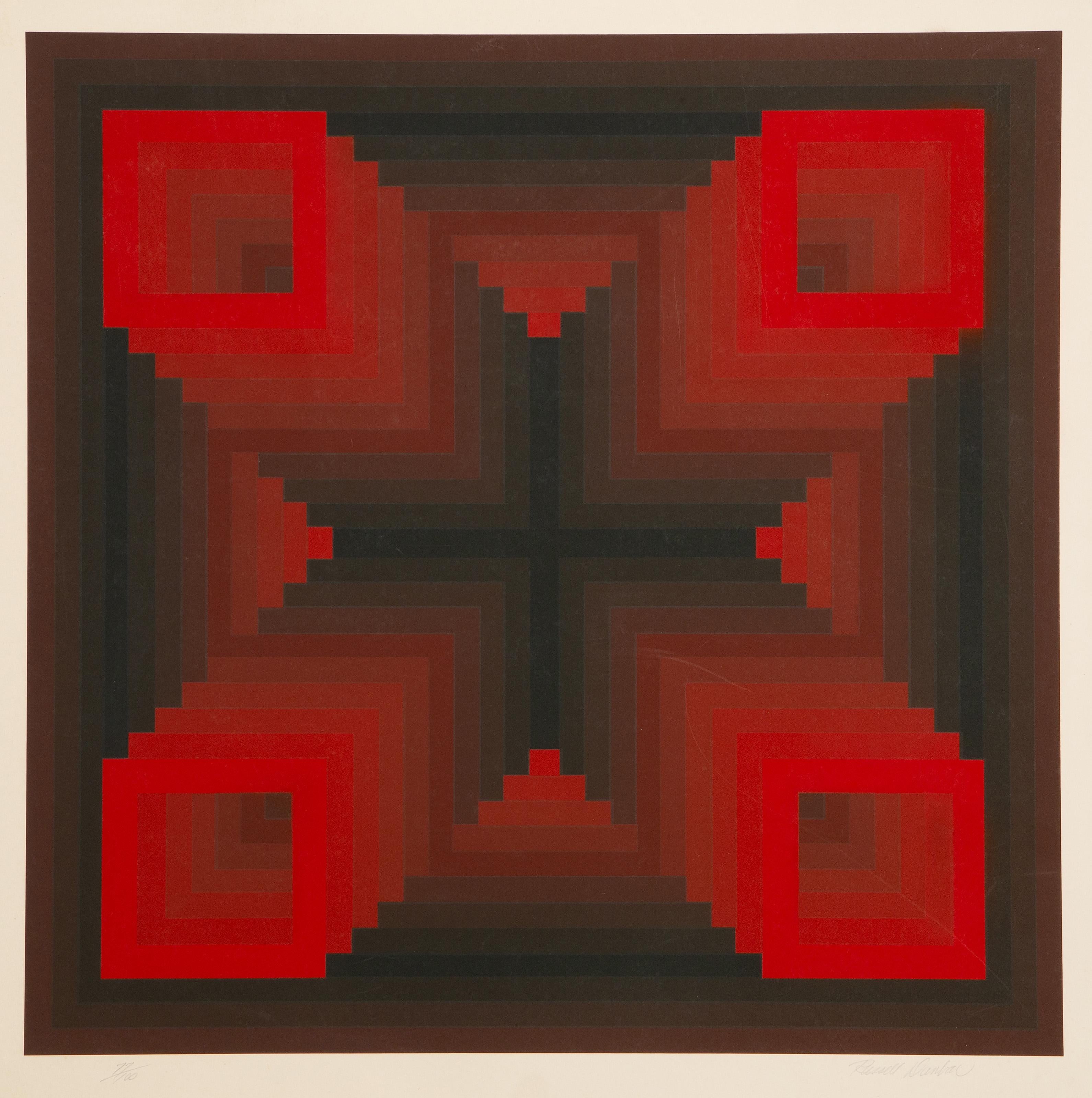  Russell Dunbar, estadounidense (1927 - ) -  Sin título, Año: hacia 1970, Medio: Serigrafía, firmada y numerada a lápiz, Edición: 100, Tamaño de la imagen: 23 x 23,25 pulgadas, Tamaño: 27 x 27,25 pulgadas (68,58 x 69,22 cm) 