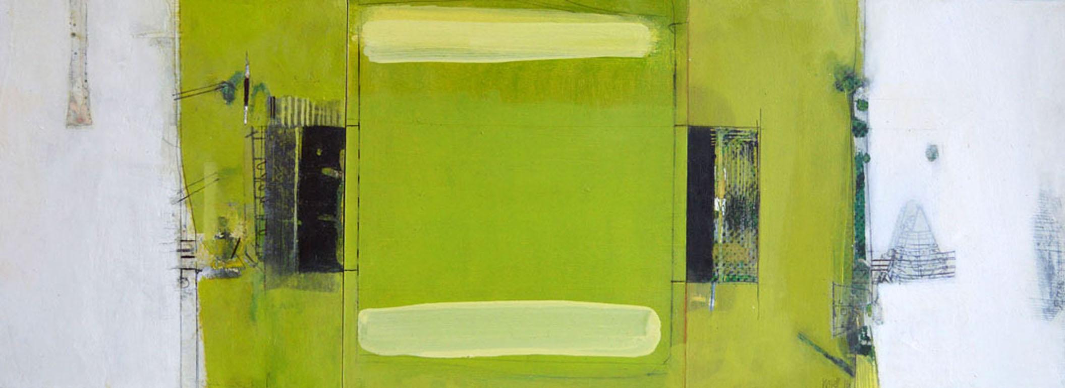 Array n 2 – zeitgenössisches grünes abstraktes Gemälde in Mischtechnik auf Karton