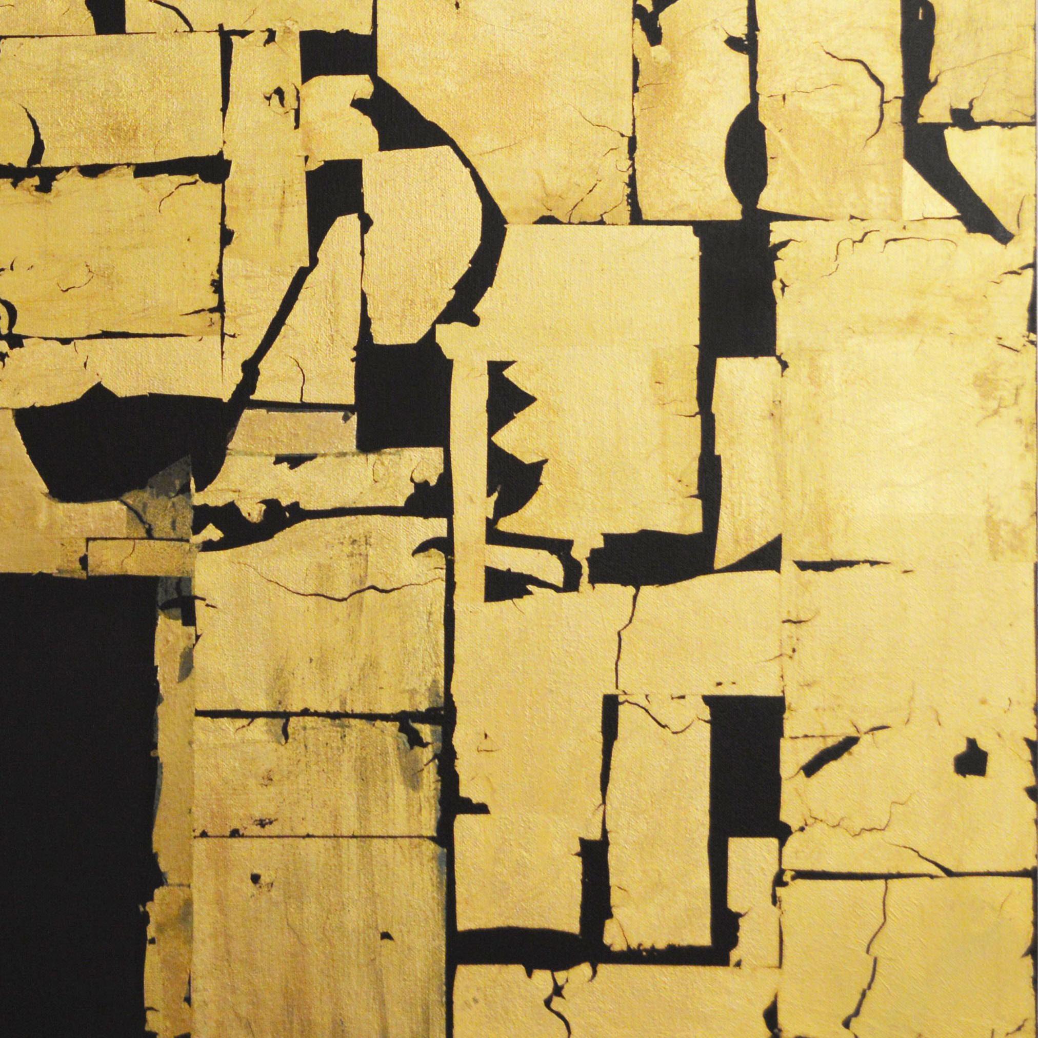 Gold Block II - Parsival -contemporary abstract black and gold leaf on canvas - Painting by Russell Frampton