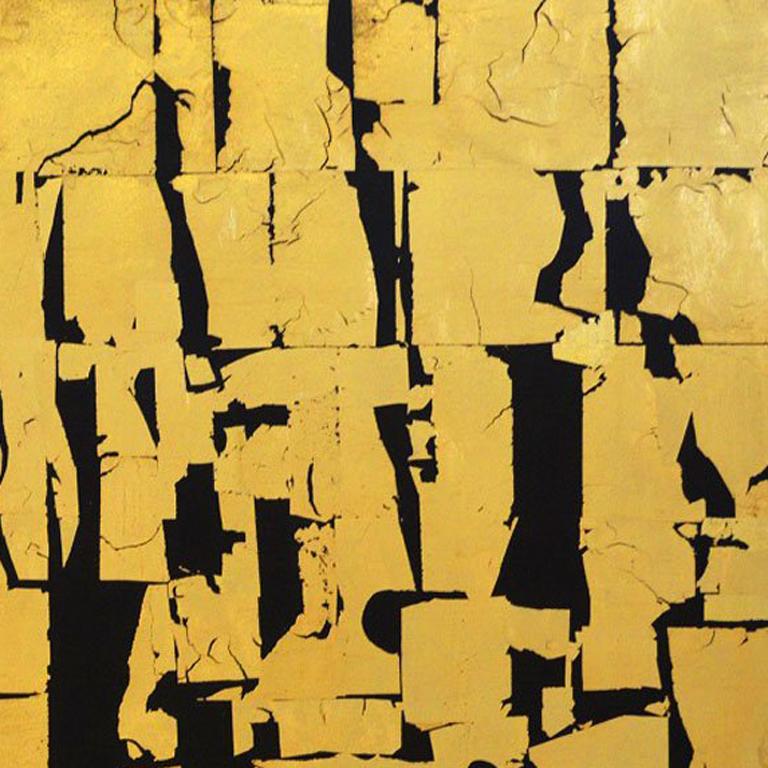 Gold Block III Votive Formen – zeitgenössische abstrakte Schwarz- und Blattgold auf Leinwand (Zeitgenössisch), Mixed Media Art, von Russell Frampton
