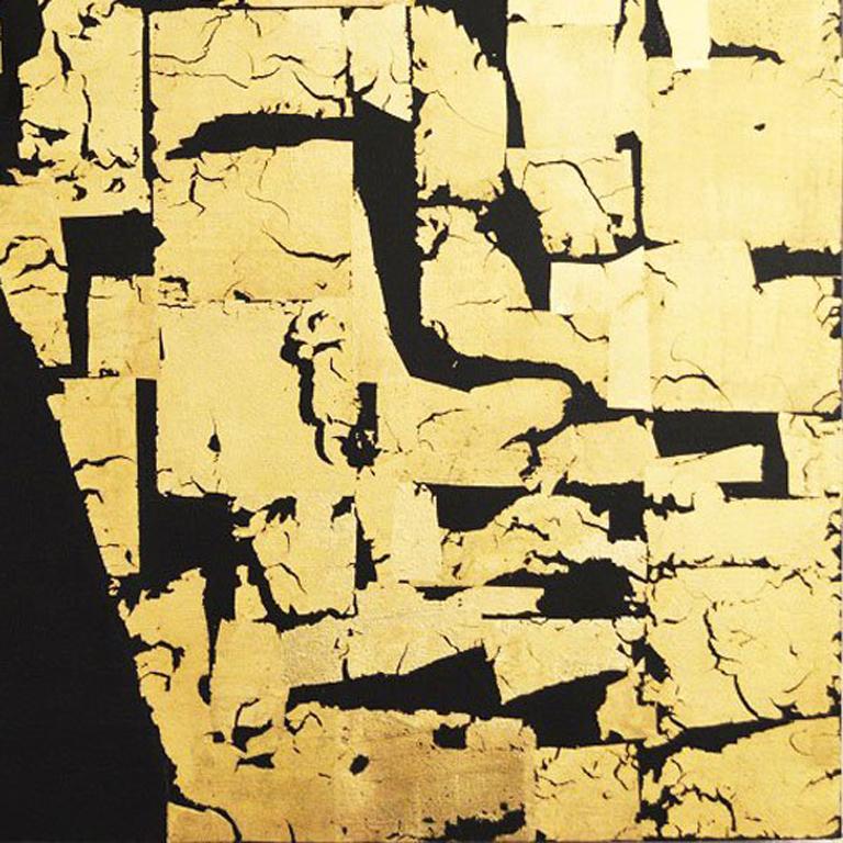 Gold Block IV Taranis - contemporary abstract black and gold leaf on canvas - Contemporary Mixed Media Art by Russell Frampton