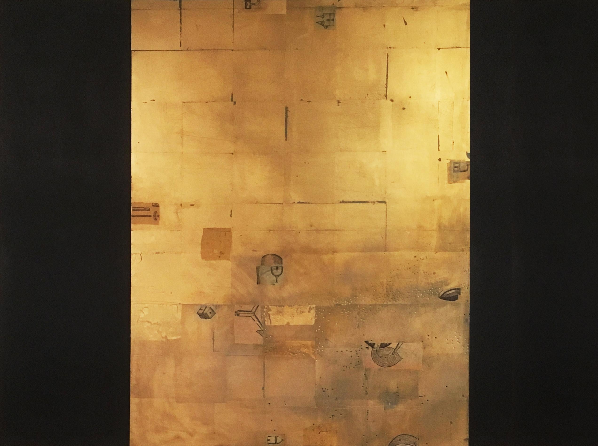 Golden Lore I - mixed media gold leaf abstract rectangular wood - Mixed Media Art by Russell Frampton