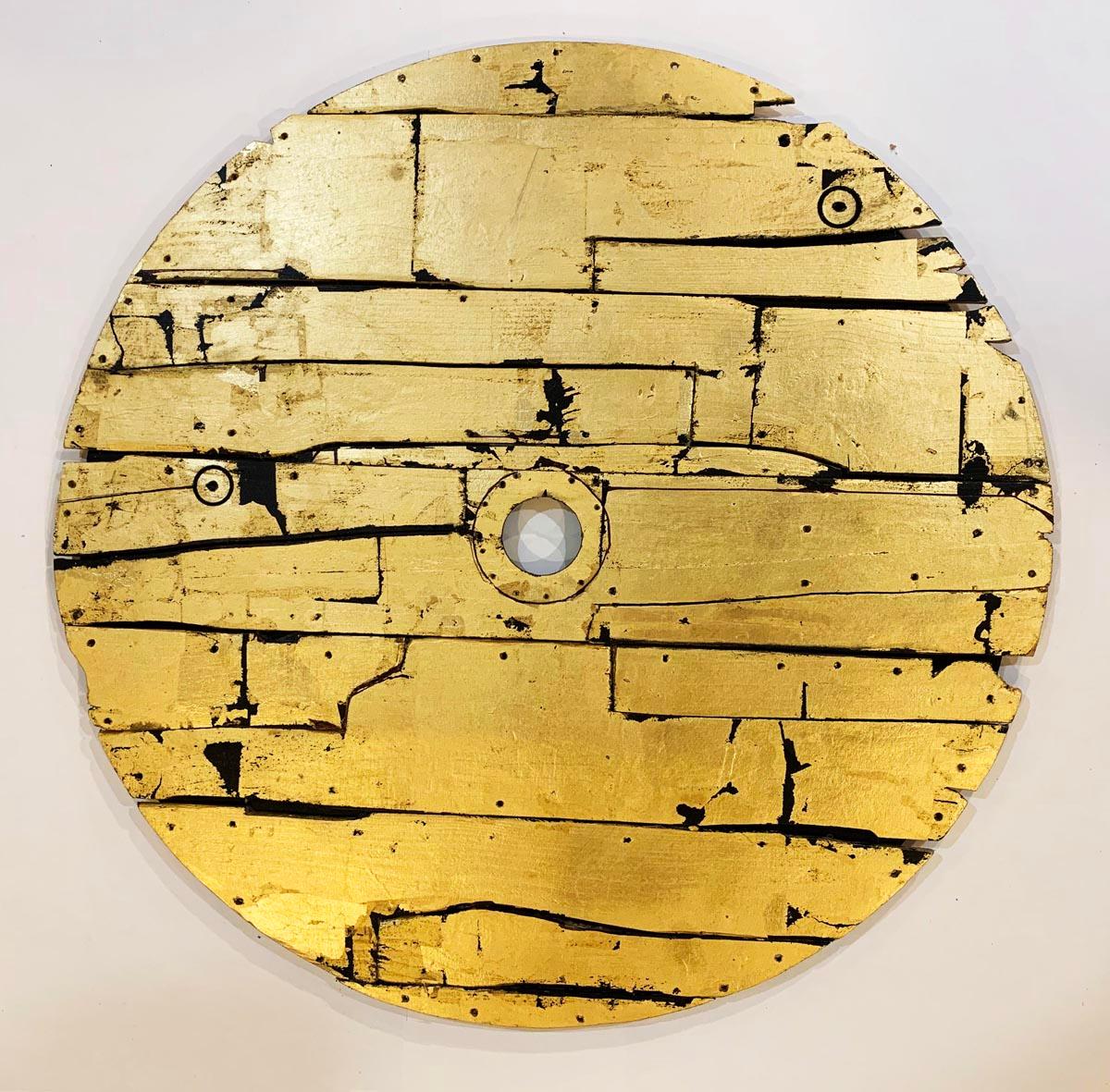 Russell Frampton Abstract Painting - Solinus Shield - Gold / Metal Leaf & Acrylic on Wood:  Magical-realism inspired