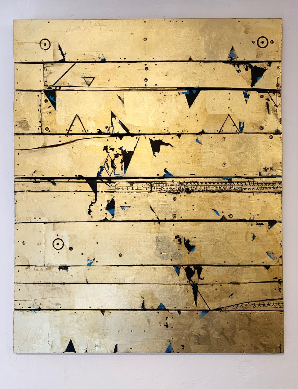 Aelius Codex - Contemporary Mixed media artwork, Gold leaf on wood - Painting by Russell Frampton
