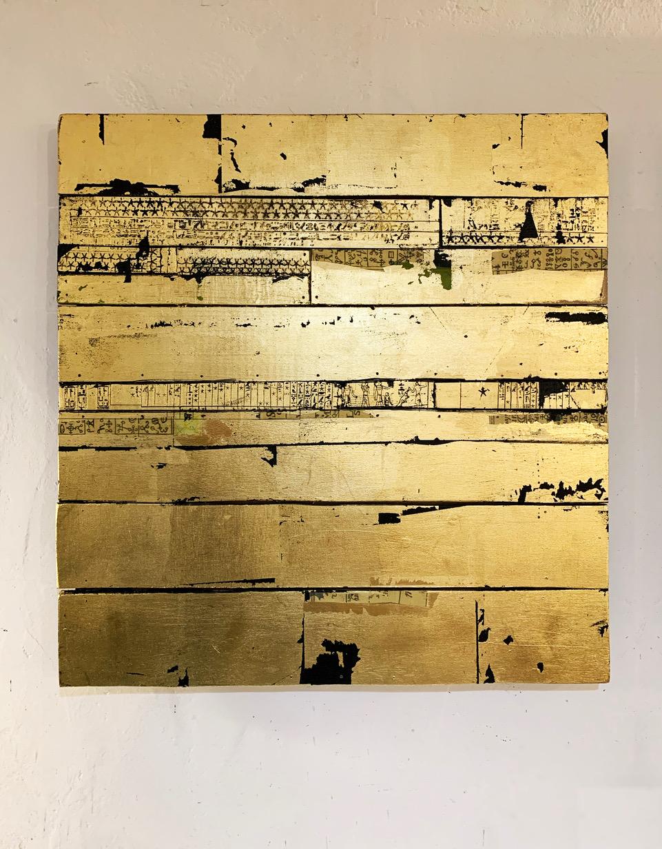 Athanaeus Codex - Contemporary Mixed media artwork, Gold leaf on wood - Painting by Russell Frampton