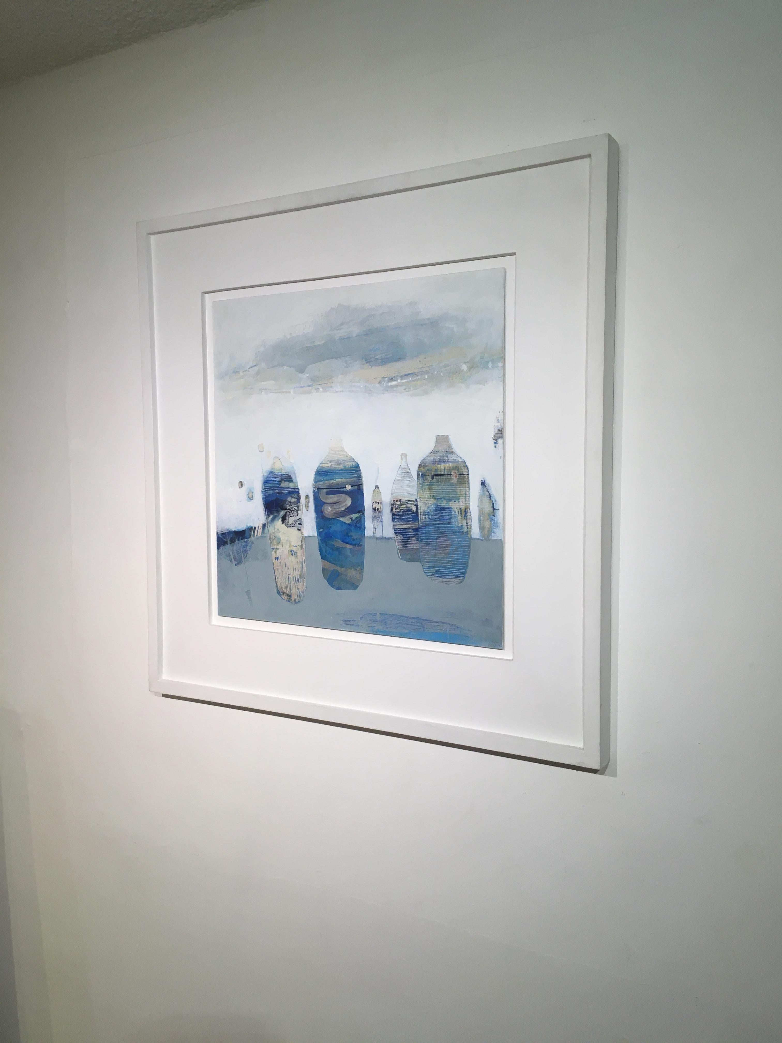 Récipients bleus - planche de collage abstraite contemporaine encadrée en technique mixte bleue en vente 4