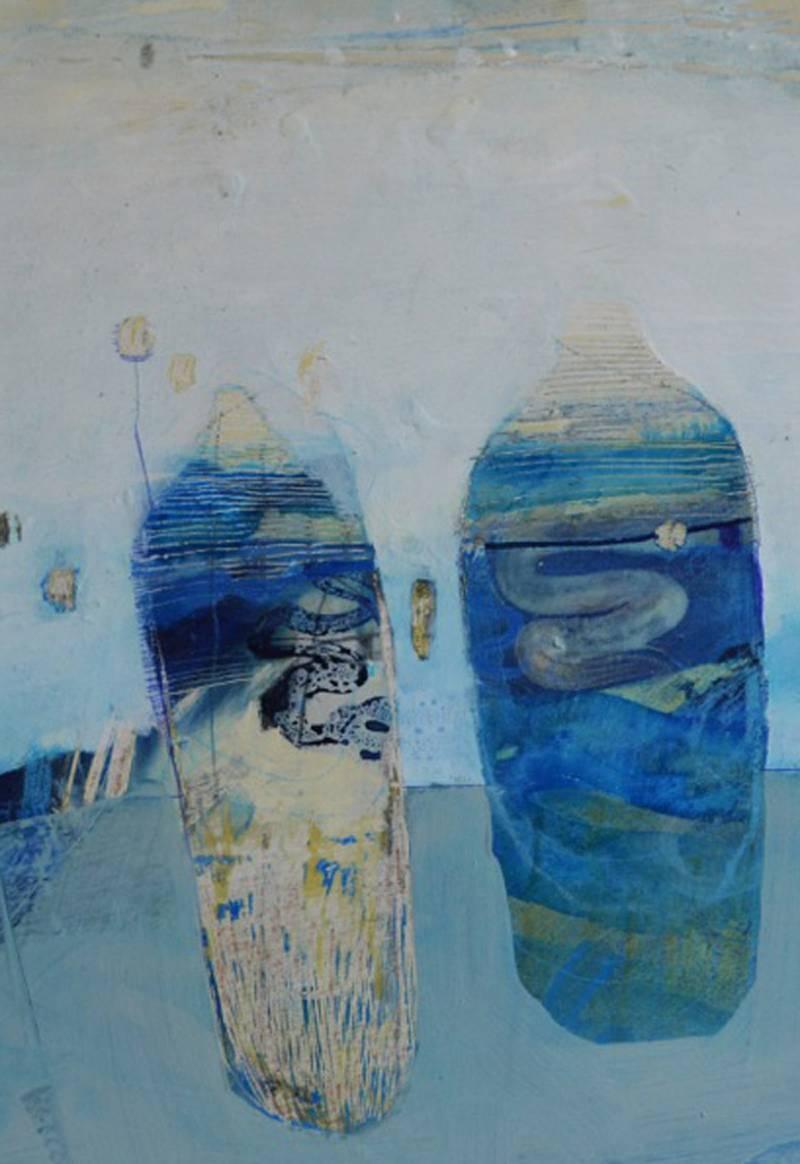 Récipients bleus - planche de collage abstraite contemporaine encadrée en technique mixte bleue en vente 1