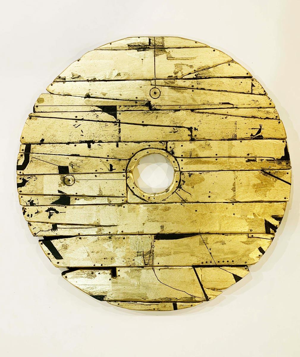 Camulogeni Shield - mixed media gold leaf wooden disc - Mixed Media Art by Russell Frampton