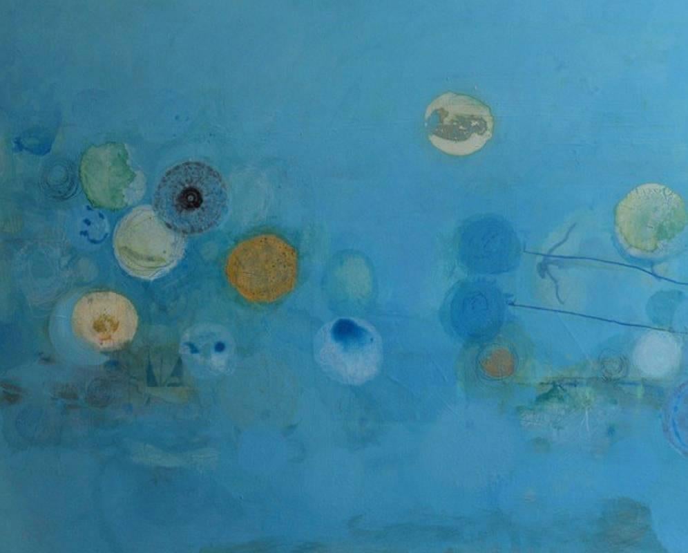 Fast Atoms Escape I -contemporary abstract blue mixed media and oil on canvas - Painting by Russell Frampton
