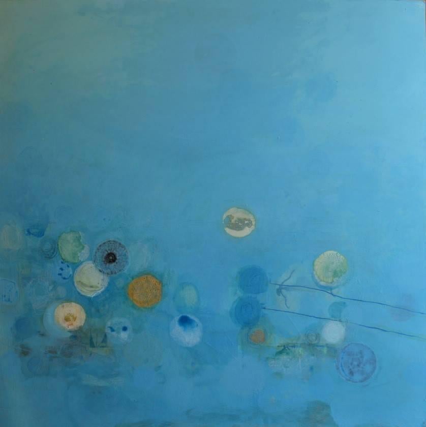 Russell Frampton Abstract Painting - Fast Atoms Escape I -contemporary abstract blue mixed media and oil on canvas