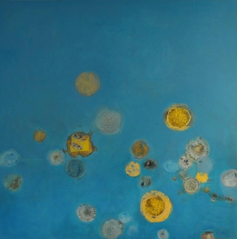 Russell Frampton Abstract Painting - Fast Atoms Escape II -contemporary abstract blue mixed media and oil on canvas