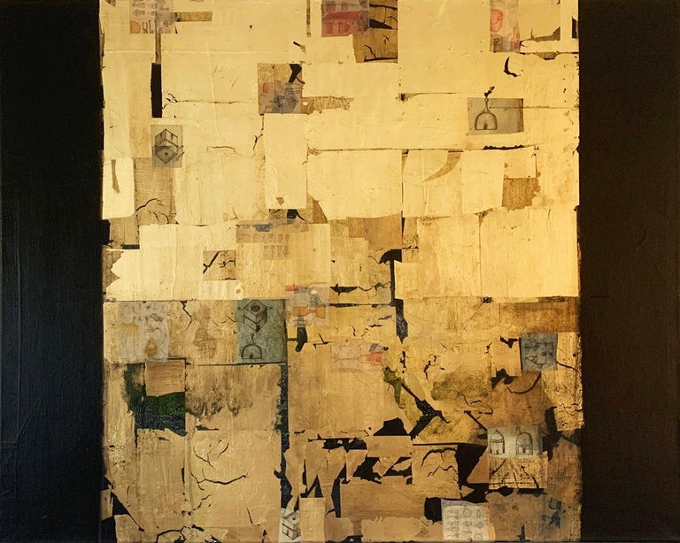 Golden Lore IV - contemporary mixed media collage gold abstract  - Mixed Media Art by Russell Frampton