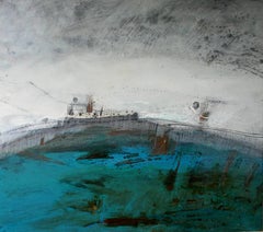 Rounding Hengistbury -contemporary abstract grey and blue oil on canvas