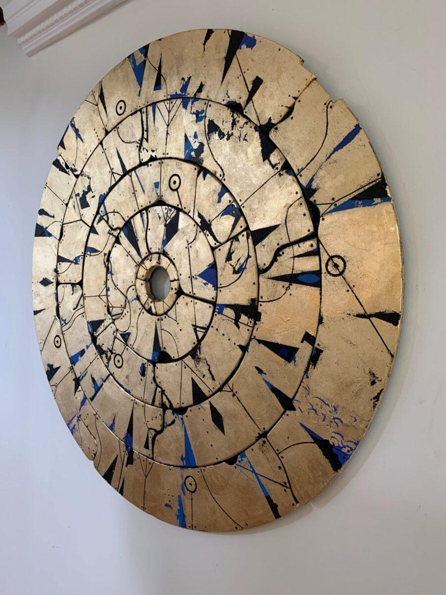 Sadachbia Disc (Lucky Star) -Contemporary Mixed media artwork, Gold leaf on wood - Painting by Russell Frampton