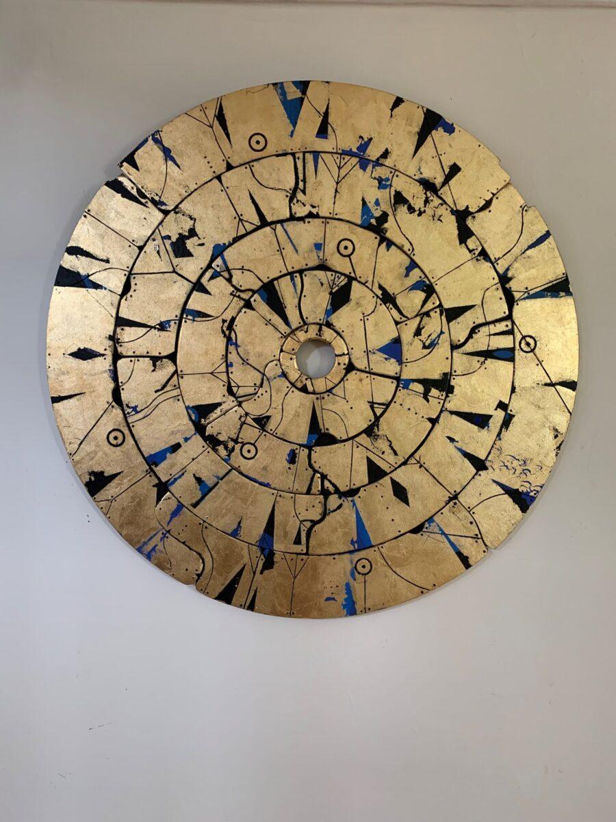 Russell Frampton Abstract Painting - Sadachbia Disc (Lucky Star) -Contemporary Mixed media artwork, Gold leaf on wood