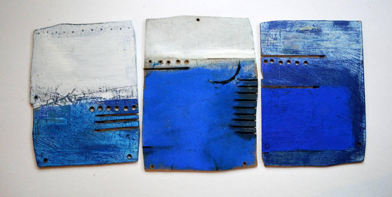 Sea Journal II (triptych) -contemporary blue and white multi-piece mixed media