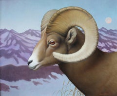 "Bighorn Moonrise" by Russell Gordon, Oil Painting of  Big-Horned Sheep