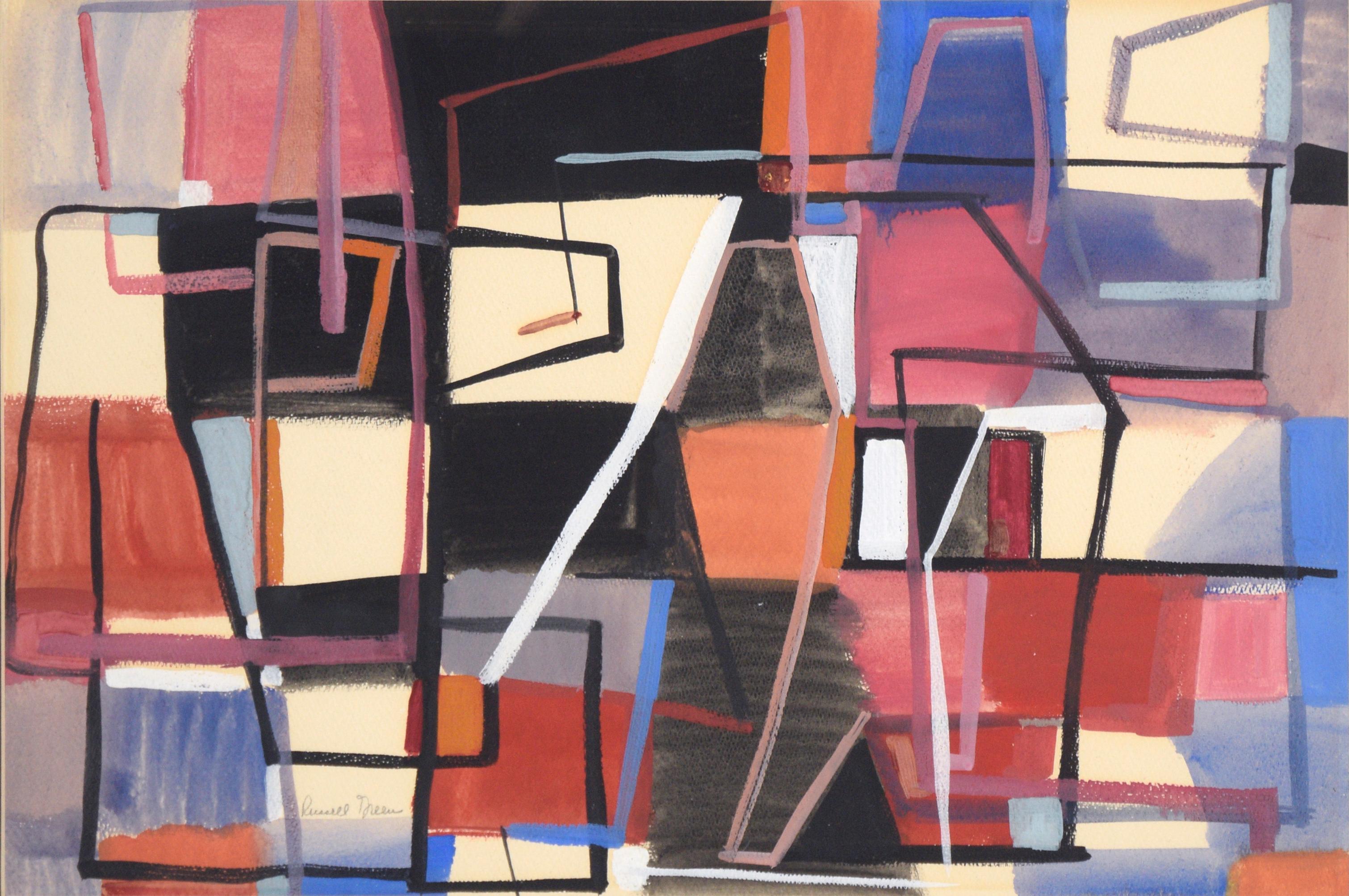 Geometric Abstract in Blue, Red, Black, and White - Acrylic on Paper - Painting by Russell Green