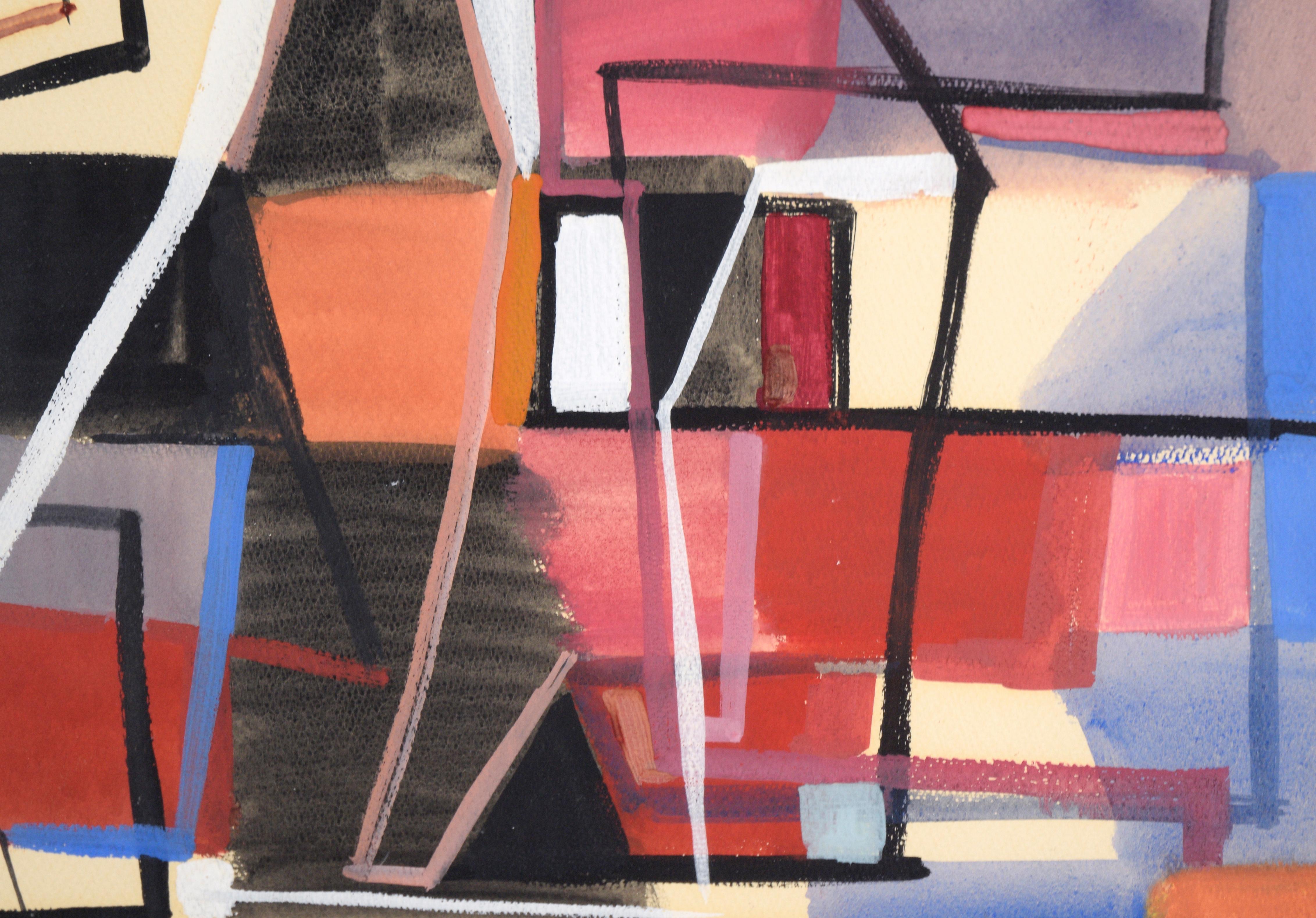 Kräftige und ausgewogene abstrakte Komposition von Russell Green (Amerikaner, 1910-1986). Dieses in Greens charakteristischem Stil gefertigte Werk zeichnet sich durch ein ausgewogenes Zusammenspiel von Formen und Farben aus. Schwarze, rote, blaue