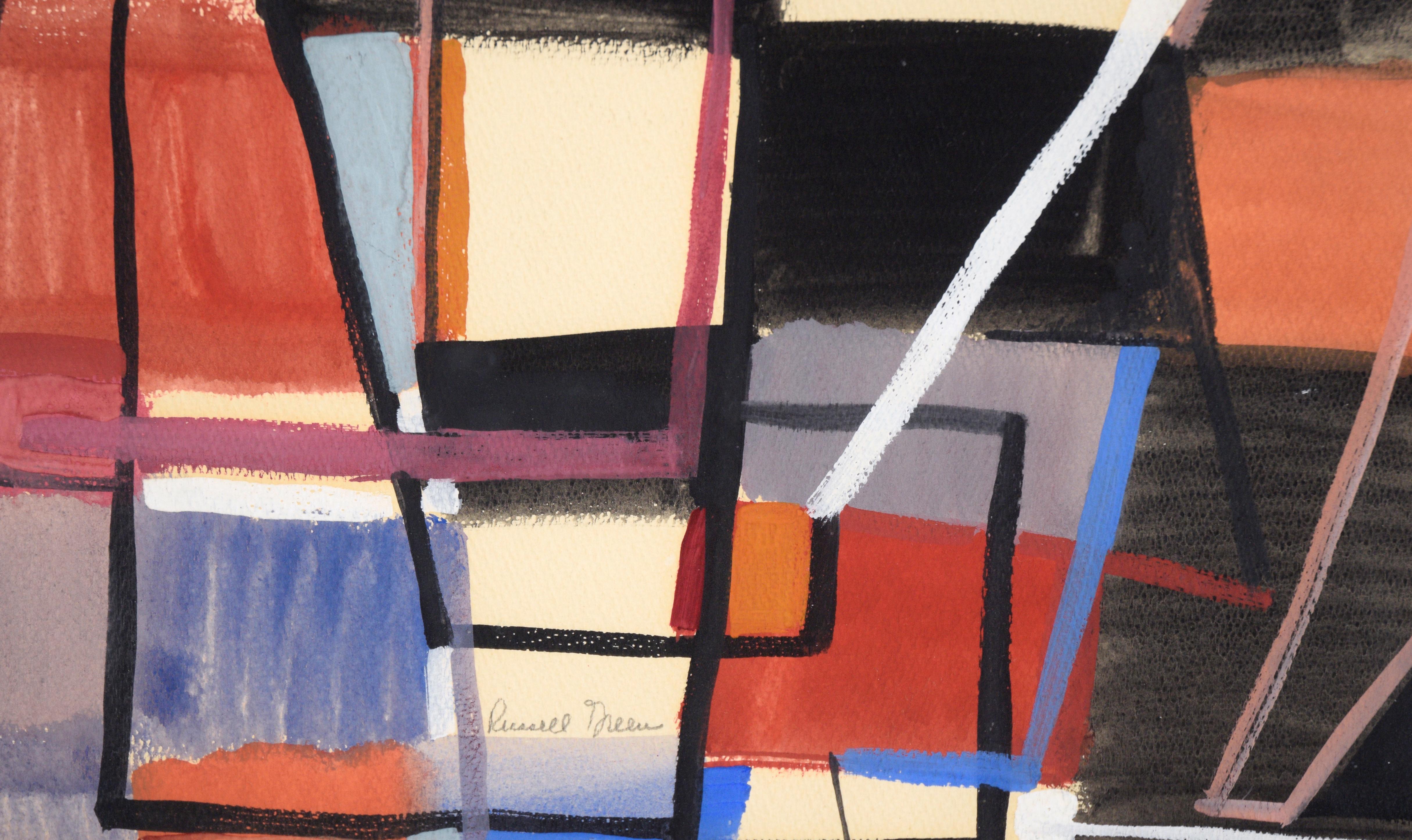 Bold and balanced abstract composition by Russell Green (American, 1910-1986). Completed in Green's characteristic style, this piece has a balanced interplay of shapes and colors. Blocks of black, reds, blues, and greys create a strong background.