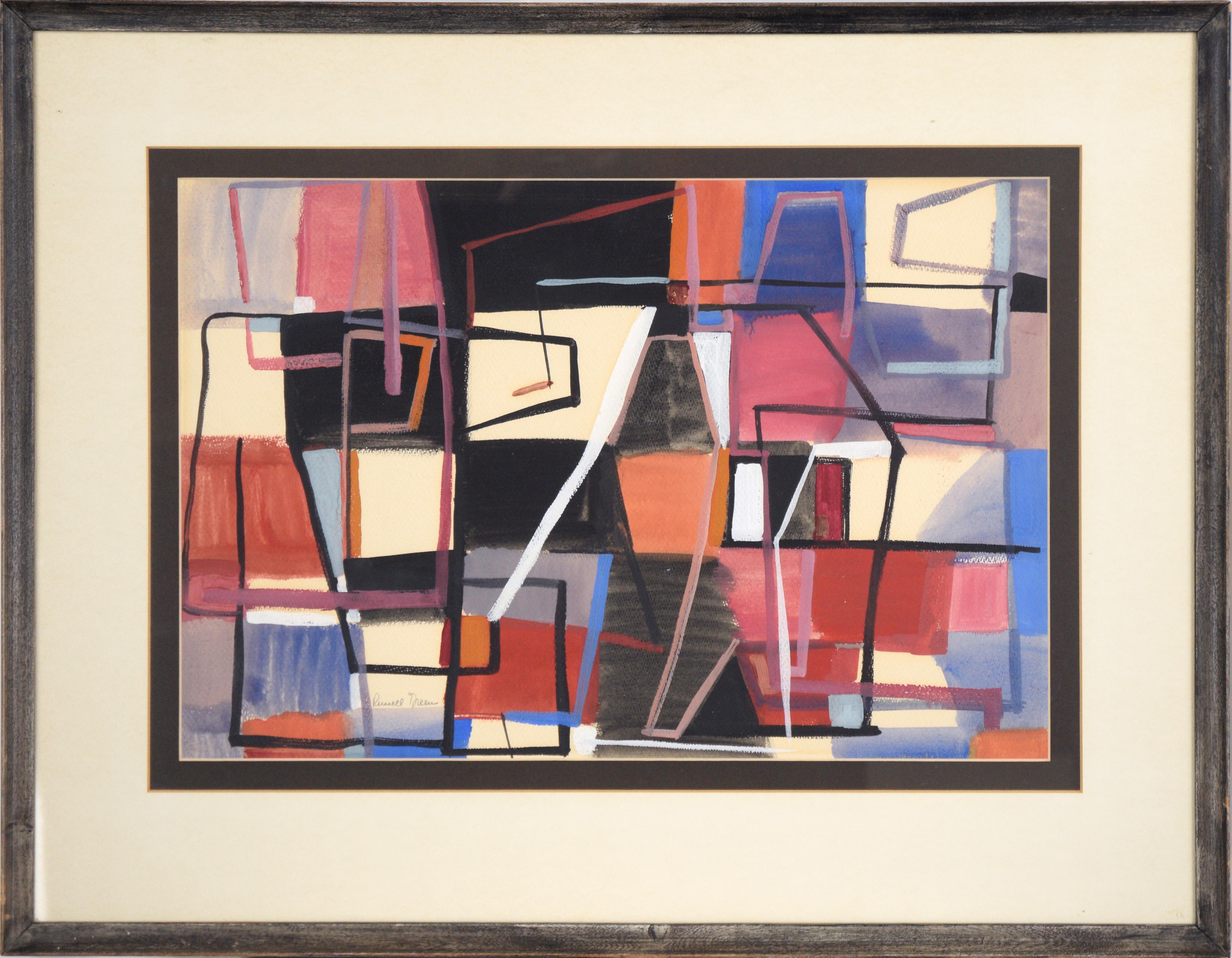 Russell Green Abstract Painting – Geometrisches abstraktes Gemlde in Blau, Rot, Schwarz und Wei  Acryl auf Papier
