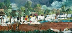 A Large, Mid-Century Painting, Titled "Wash Day, Mexico" by Artist Russell Conn