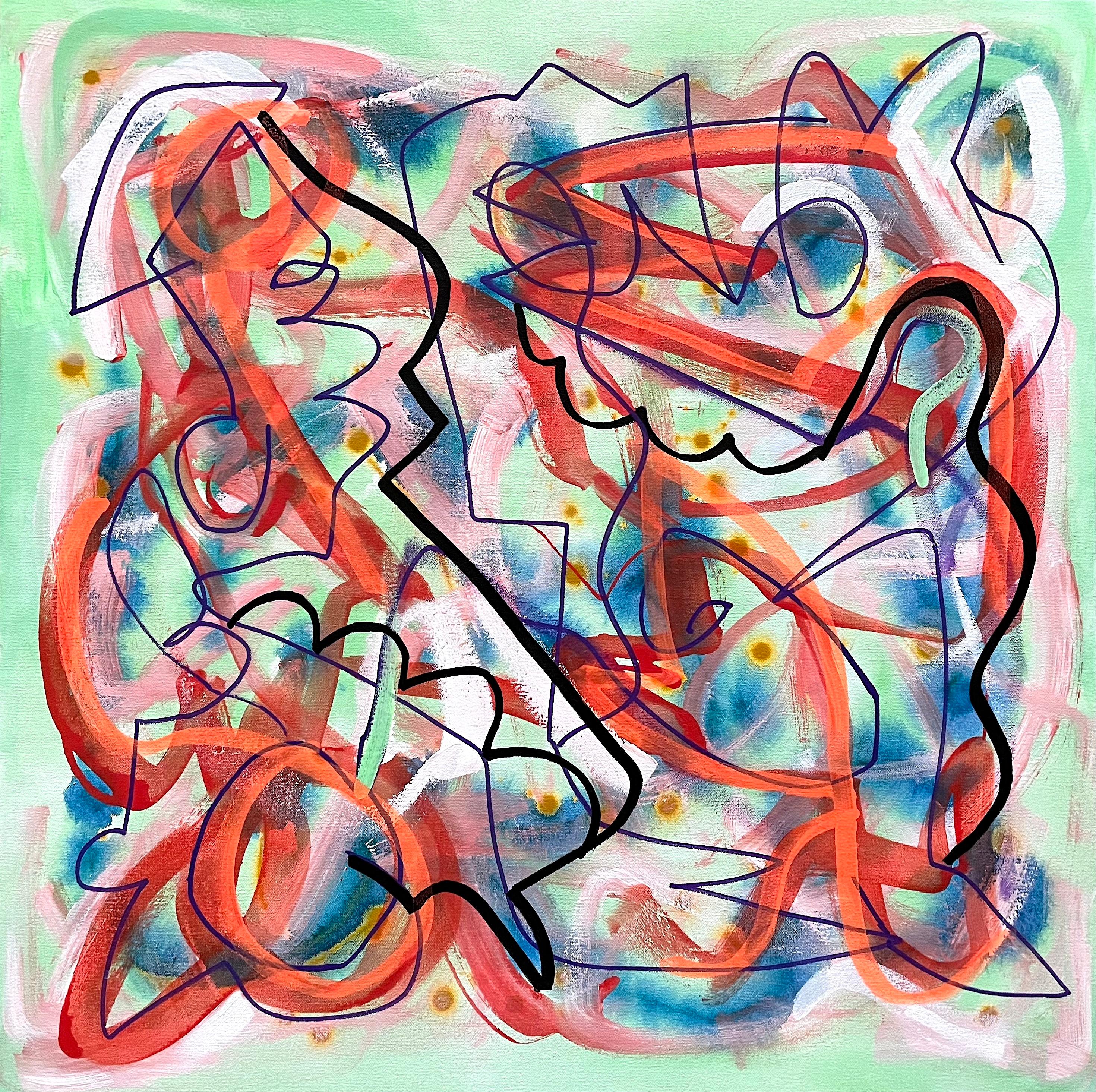 <p>Artist Comments<br />Sinuous lines of black and red swirl around a green background, intersecting with softer strokes of white and blue. Visual harmony emerges from these intersecting elements, each section brimming with dynamic intensity. The