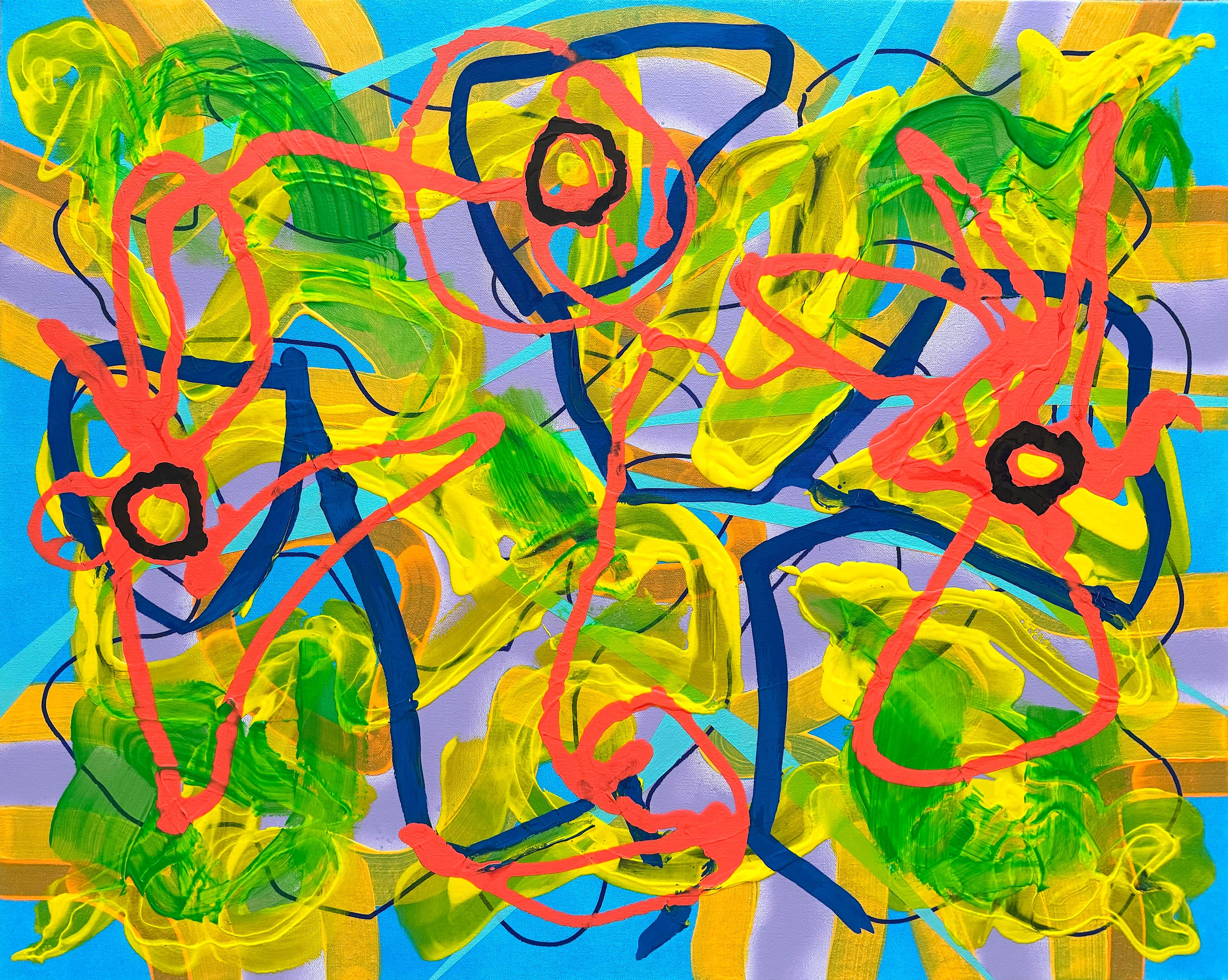 <p>Artist Comments<br />Bright colors and bold lines create a lively scene. Against a backdrop of blue and purple, red loops suggest a floral path intersecting with yellows and greens. The energetic brushstrokes and overlapping patterns evoke a