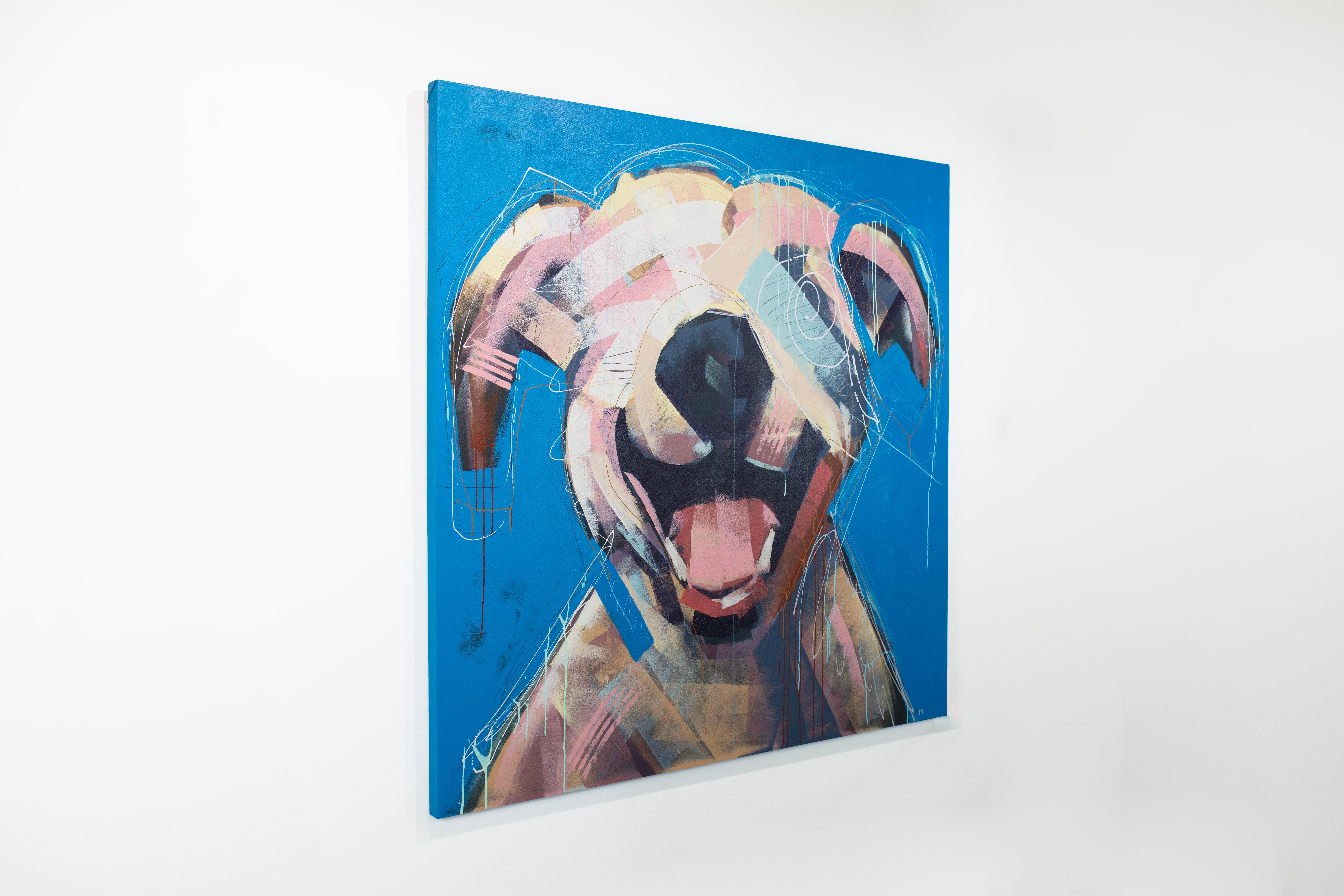This abstracted painting of a dog features a loose, energetic style and vibrant colors. The artist layers wide brush strokes and thin, swirling white lines to create the dog's colorful form, with a blue background. The painting is made with acrylic