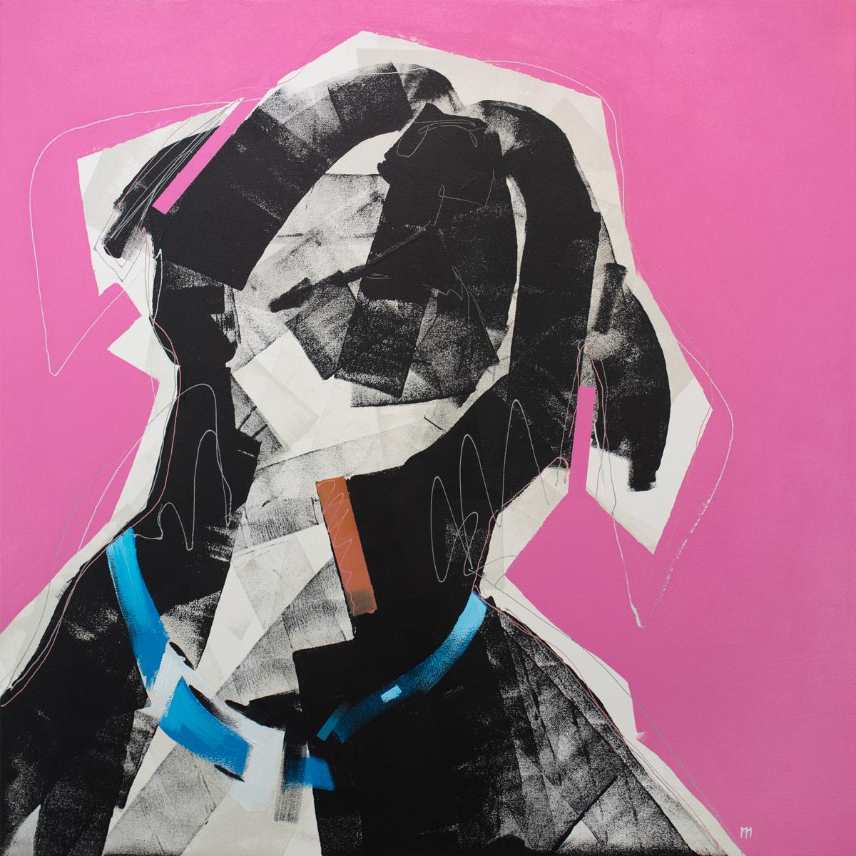 This abstracted painting of a dog by Russell Miyaki features a loose, energetic style and vibrant, colorful palette. The artist layers wide brush strokes and thin lines to create a black and white dog's form from the shoulders up, wearing a blue