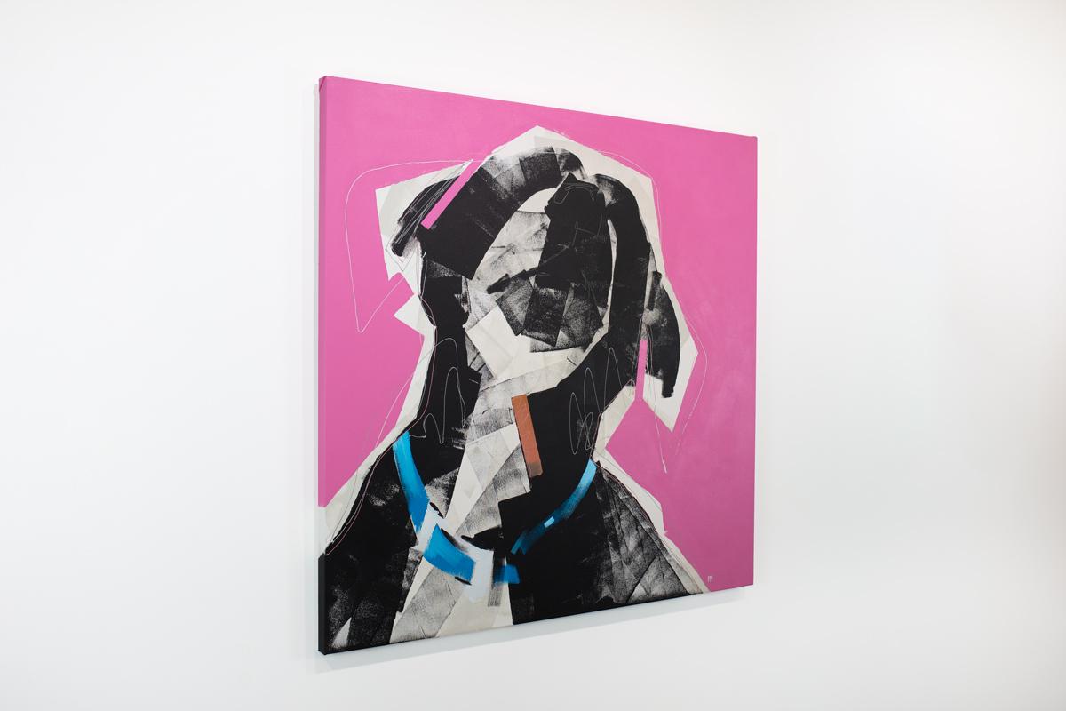 This abstracted painting of a dog by Russell Miyaki features a loose, energetic style and vibrant, colorful palette. The artist layers wide brush strokes and thin lines to create a black and white dog's form from the shoulders up, wearing a blue