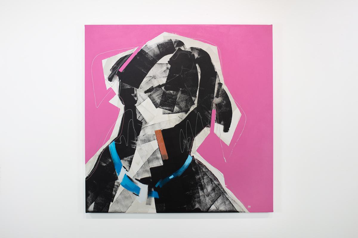 Russell Miyaki Animal Painting – "Ein Plädoyer für Leckereien" Abstraktes Hundegemälde