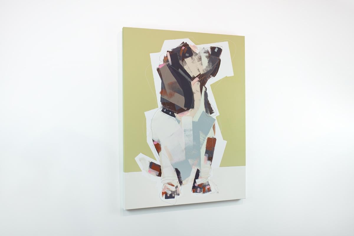 This abstracted painting of a Basset Hound dog features a loose, energetic style and vibrant colors. The artist layers wide brush strokes and thin, swirling lines to create the dog's full form with his head in profile, looking toward the right side