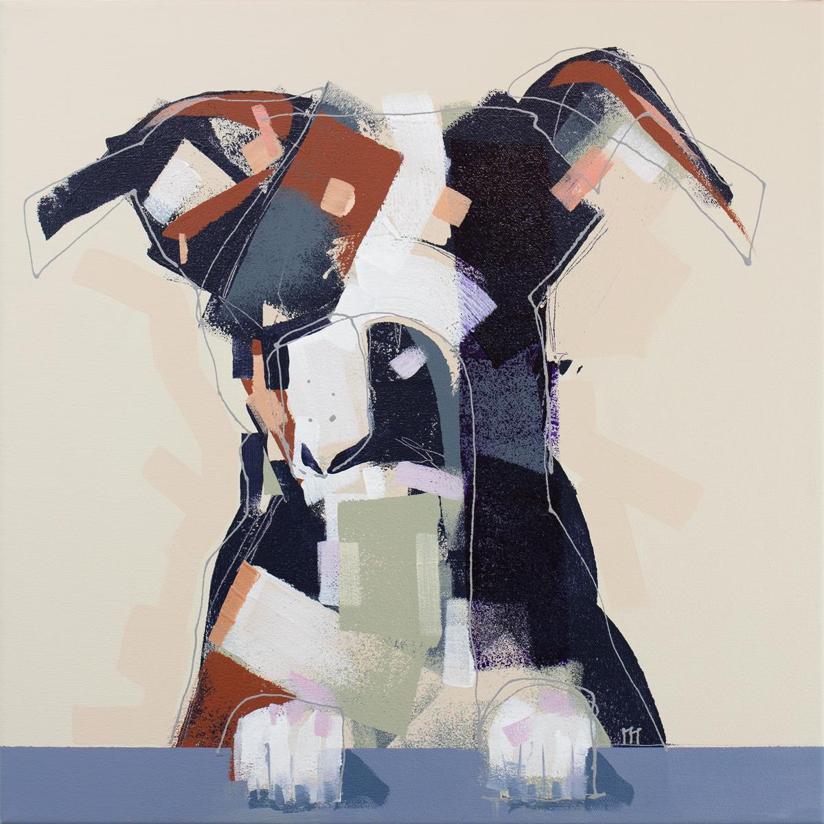 Cette peinture abstraite d'un chien réalisée par Russell Miyaki se caractérise par un style libre et énergique et une palette neutre et chaleureuse. L'artiste superpose de larges coups de pinceau et de fines lignes tourbillonnantes pour créer la