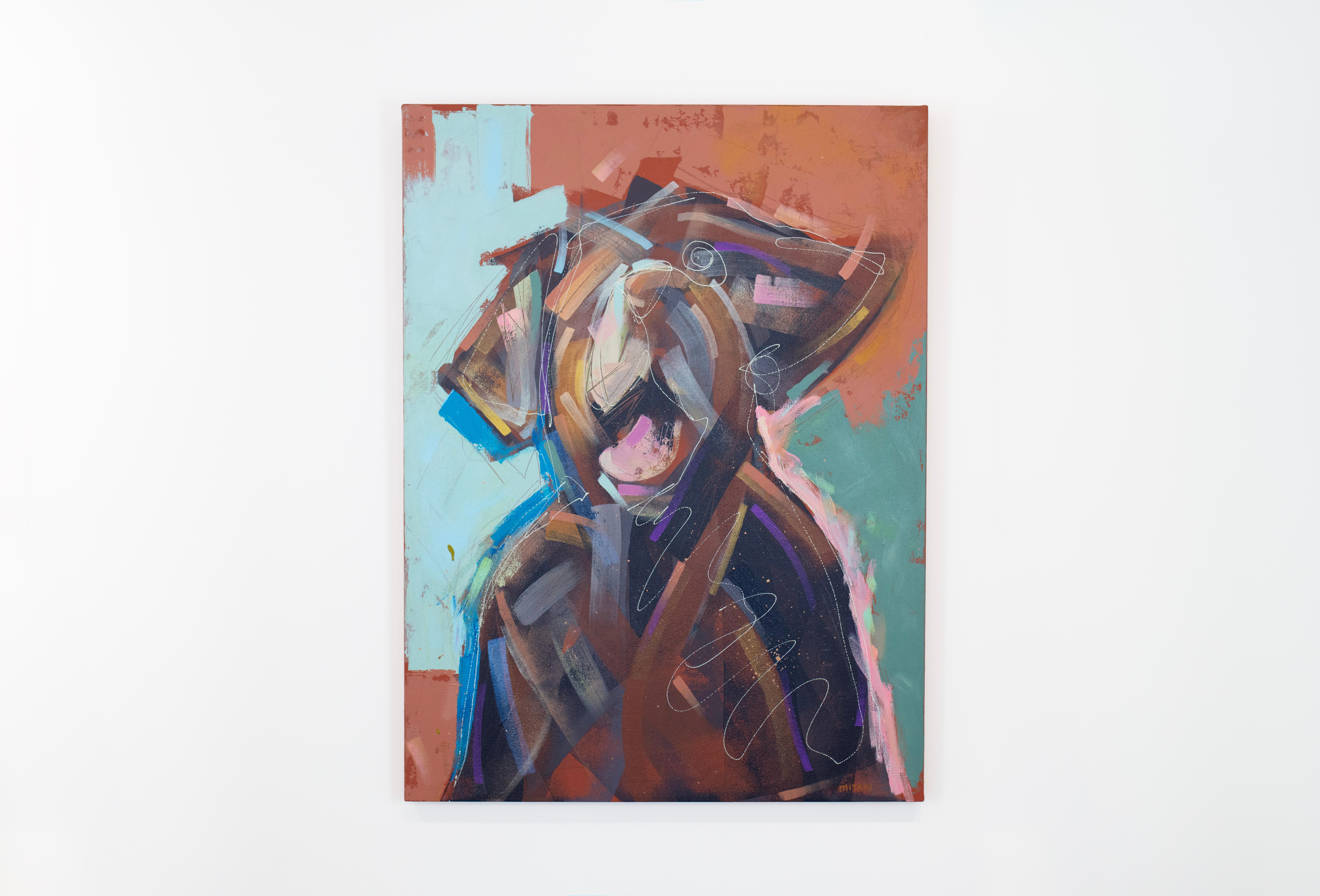 This abstracted painting of a Brown Labrador Retriever features a loose, energetic style and vibrant colors. The artist layers wide brush strokes and thin, swirling line to create the dog's form, with a vibrant red and teal background. The painting
