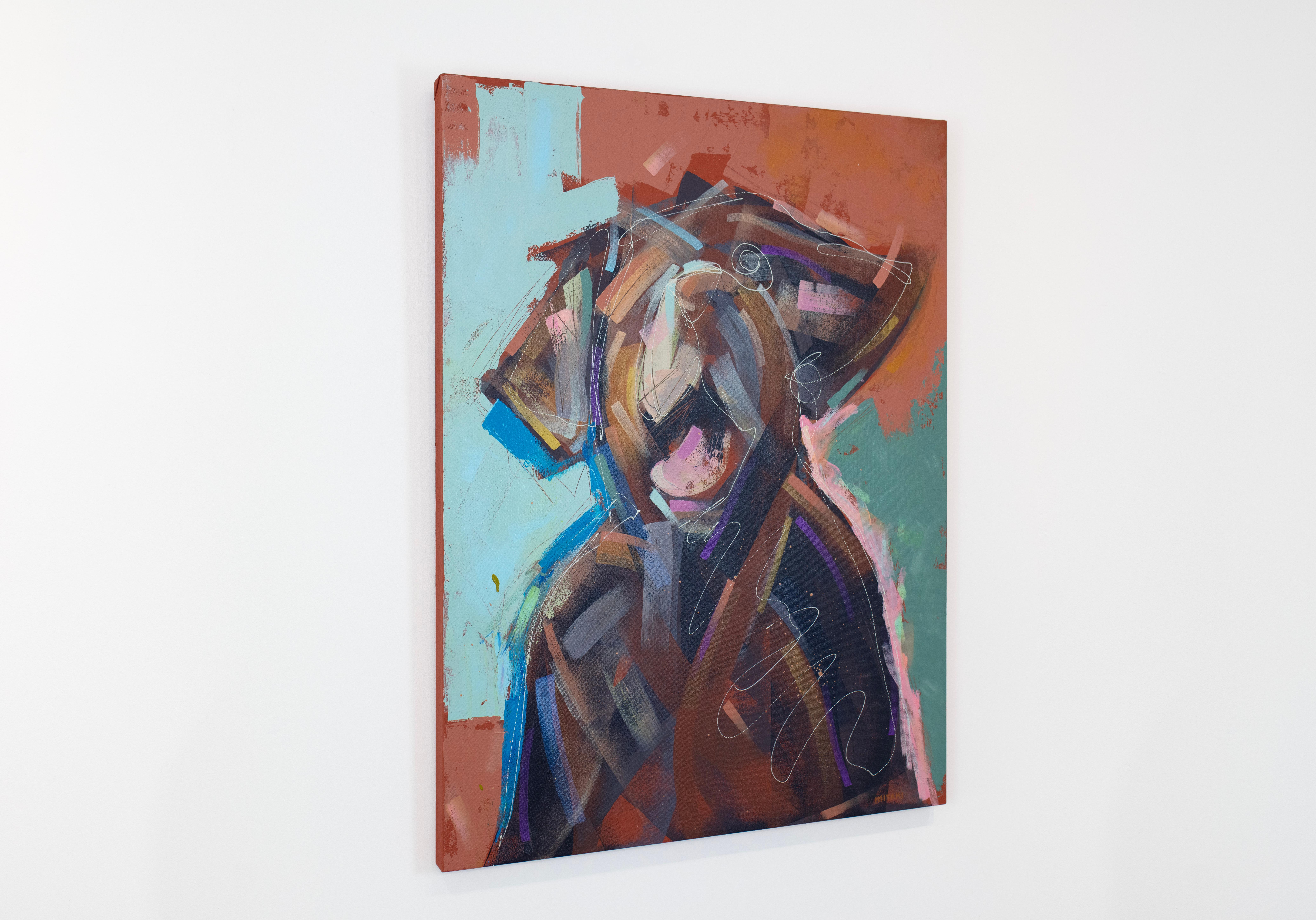 Cette peinture abstraite d'un labrador brun se caractérise par un style libre et énergique et des couleurs vibrantes. L'artiste superpose de larges coups de pinceau et des lignes fines et tourbillonnantes pour créer la forme du chien, sur un fond