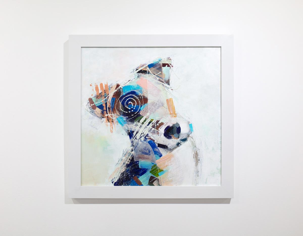 This abstracted painting of a dog by Russell Miyaki features a light, colorful palette and loose, expressive, and playful brush strokes. The artist applies paint in spirals, dabs, and layers, creating an energetic composition. It is made with