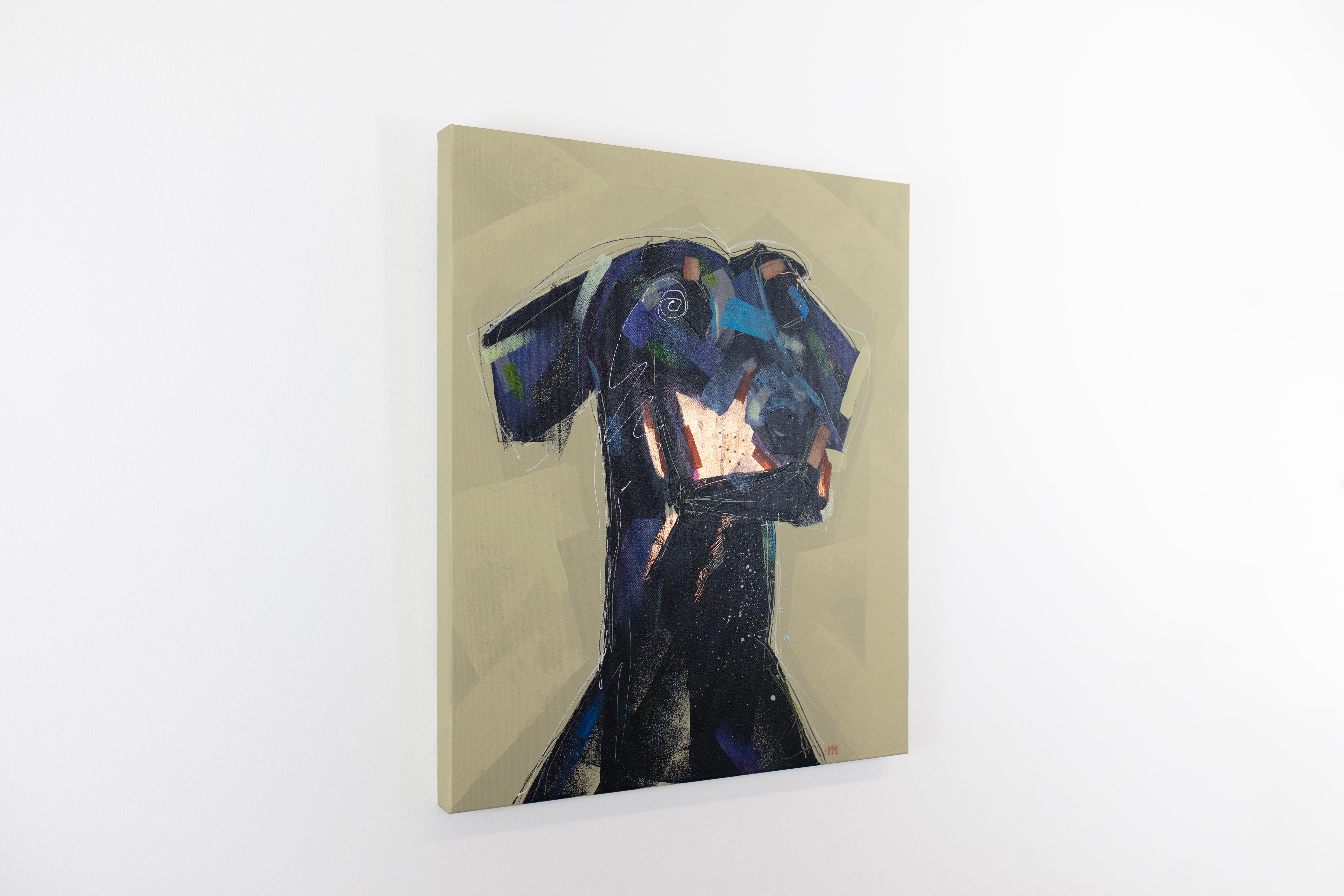 This abstracted painting of a Doberman dog features a loose, energetic style and vibrant colors. The artist layers wide brush strokes and thin, swirling line to create the dog's black, blue, and orange form, with a pale yellow gold background. The