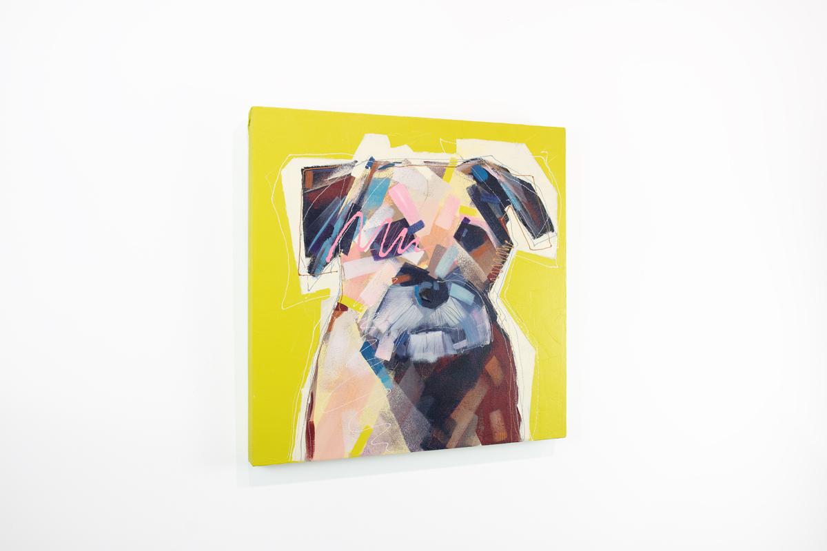 Abstraktes Hundegemälde „Scruffy“ (Weiß), Animal Painting, von Russell Miyaki