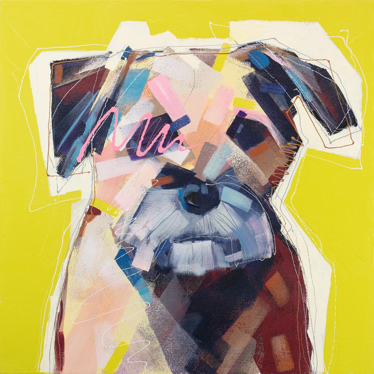 This abstracted painting of a dog by Russell Miyaki features a loose, energetic style and vibrant, colorful palette. The artist layers wide brush strokes and thin lines to create the dog's form from the shoulders up in warm tones and contrasting