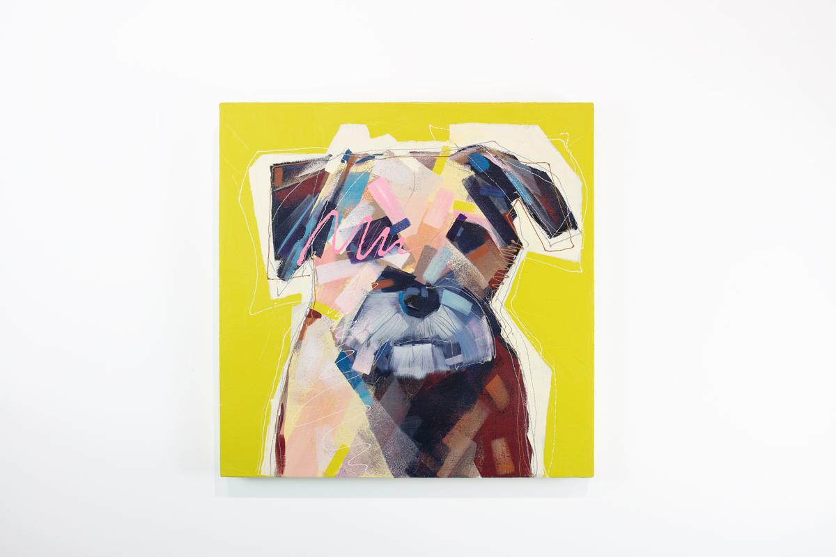 Russell Miyaki Animal Painting – Abstraktes Hundegemälde „Scruffy“