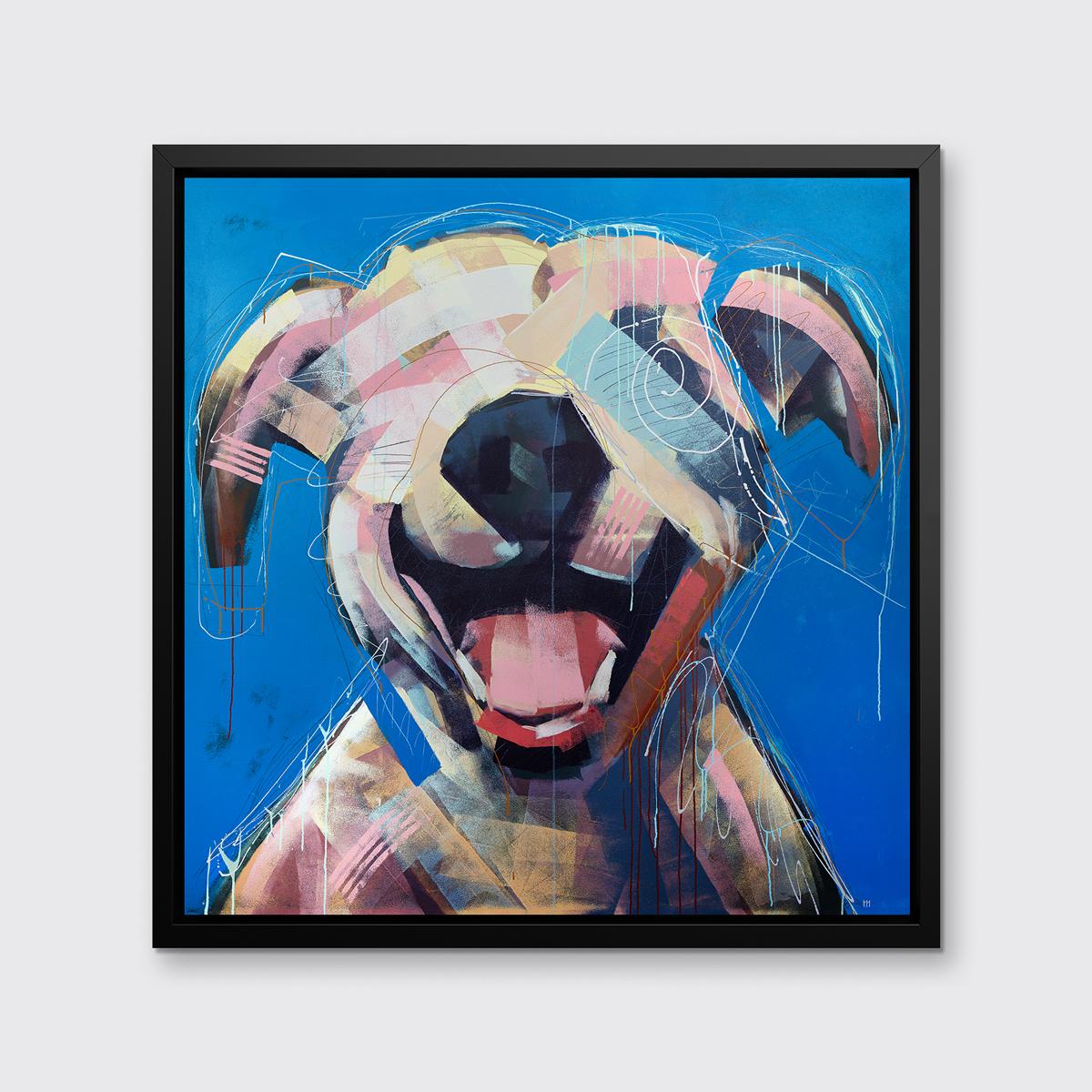 Dieser abstrahierte Druck eines Hundes des Künstlers Russell Miyaki zeichnet sich durch eine helle, farbenfrohe Palette und lockere, ausdrucksstarke und verspielte Elemente aus, um eine energiegeladene Komposition eines Hundes mit offenem Maul auf