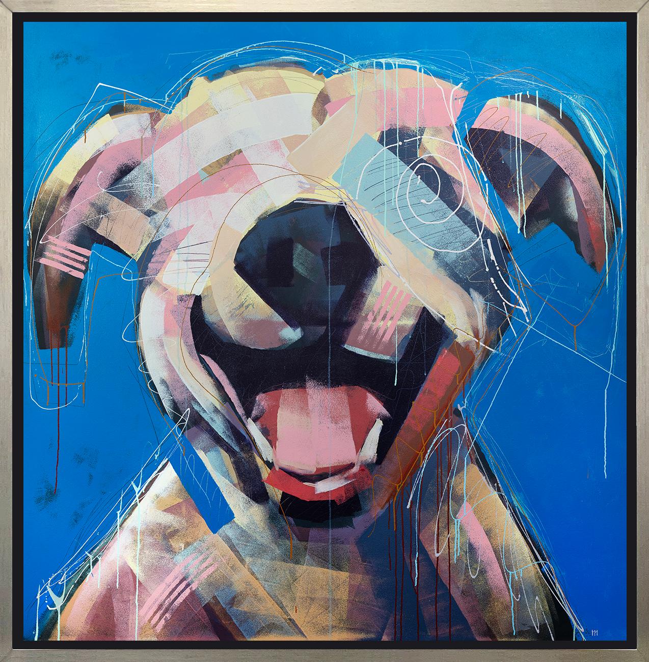 This abstracted print of a dog by artist Russell Miyaki features a light, colorful palette and loose, expressive, and playful elements to create an energetic composition of a dog with his mouth open, on a bright blue background. 

This Limited