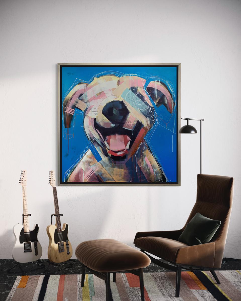 This abstracted print of a dog by artist Russell Miyaki features a light, colorful palette and loose, expressive, and playful elements to create an energetic composition of a dog with his mouth open, on a bright blue background. 

This Limited